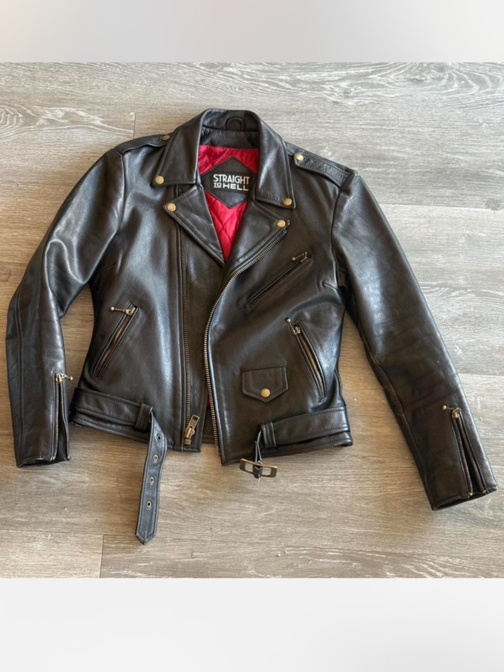 Straight To Hell Black Leather Biker Jacket with Red Lining